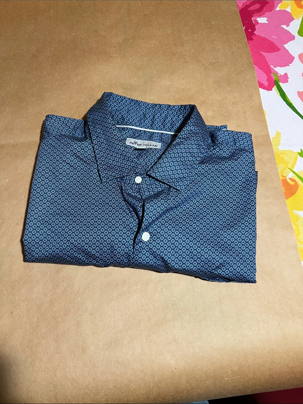 Peter Millar Navy and Light Blue Diamond-Print Button-Down Shirt